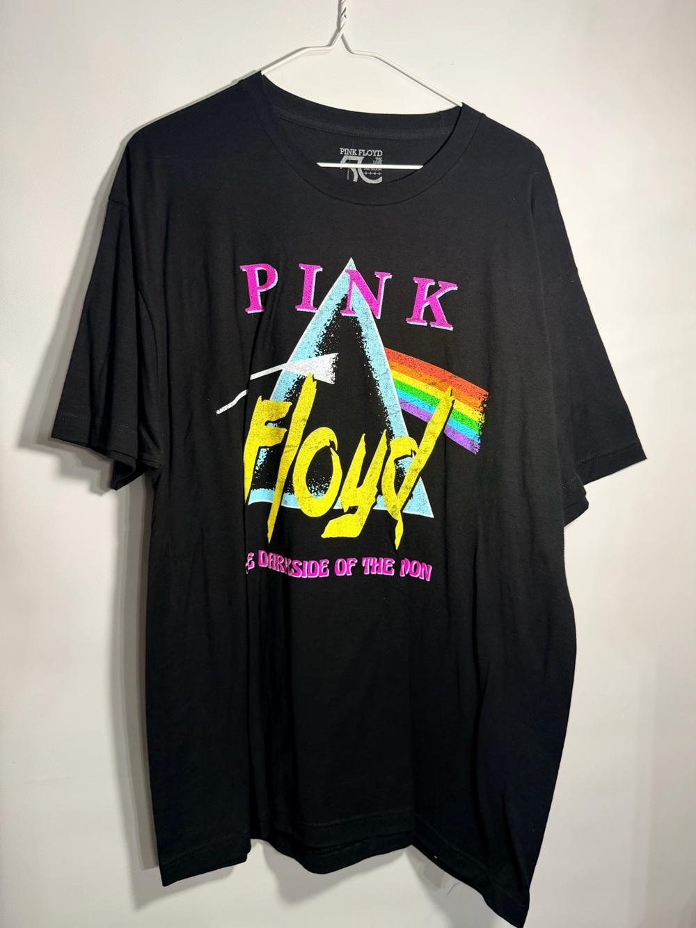 Pink Floyd Black Graphic Tee with Neon Prism and Rainbow Print